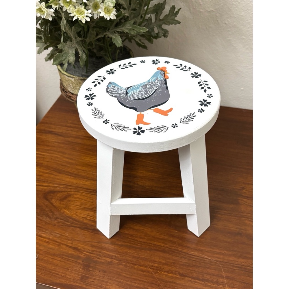 FARMHOUSE PAINTED HEN WITH BOOTS NOVELTY STOOL COUNTRY KITCHEN TABLETOP DECOR